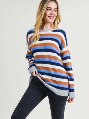 Striped Oversized Knit Crew Neck Long Sleeve  Sweater
